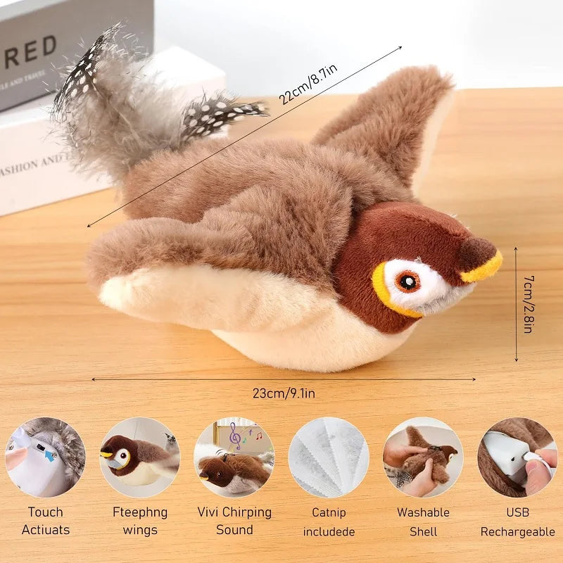 Toy for Cat Bird Rechargeable Electric Flapping Wings Bird Cat Toy Sound Chirping Bird Catnip Touch Activated Plush Toy